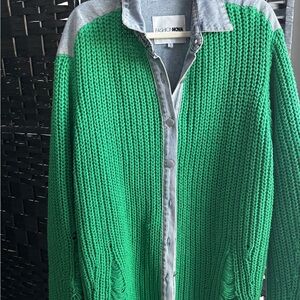 Fashion Nova Green Cardigan with Denim Details